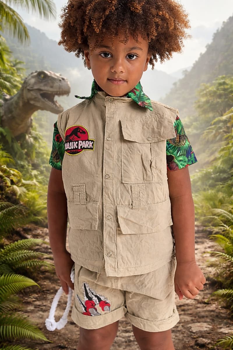 Isaac Roberto em look de explorador, com colete bege e cenário de floresta